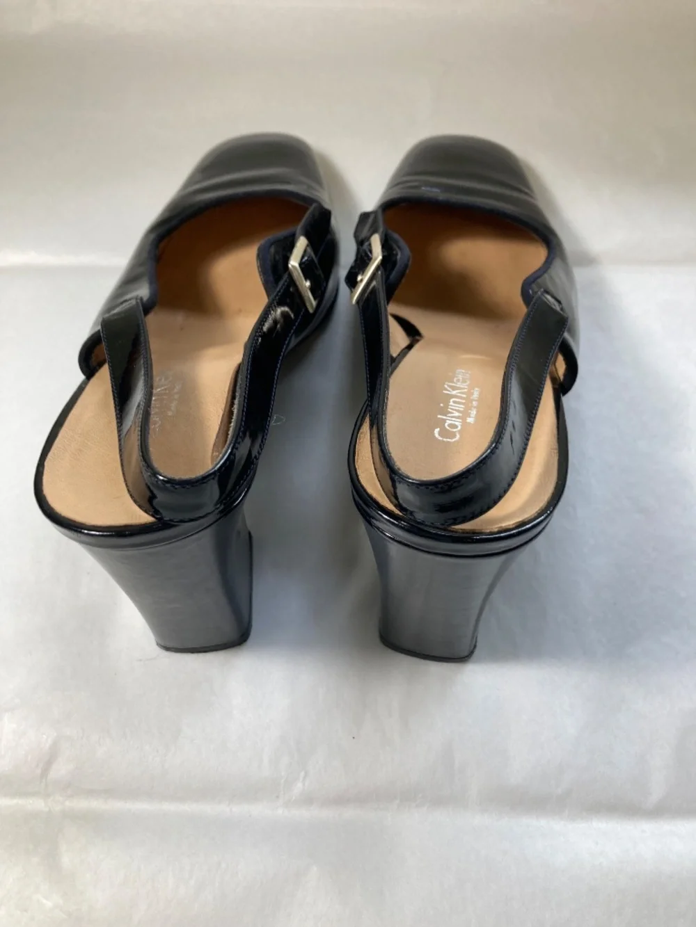 Calvin Klein S6 Slingback Patent Leather Block Heel Pumps - silver strap buckle